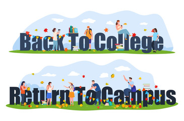 Back to college campus with tiny people horizontal header background set isometric vector