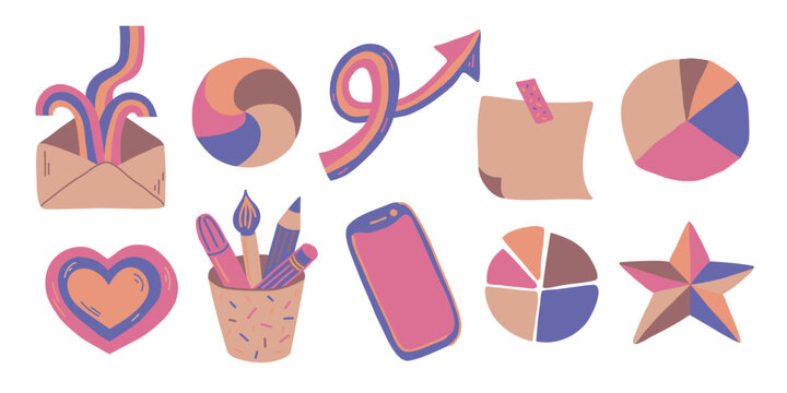  Set of cute hand drawn stickers for social media. Simple flat vector illustration