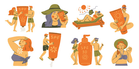 Collection of happy people with SPF tubes and bottles. Sun protection and summer skin care concept. Cartoon vector illustration