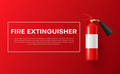 Fire extinguisher red advertising information banner realistic vector flame risk prevention - obrazy, fototapety, plakaty