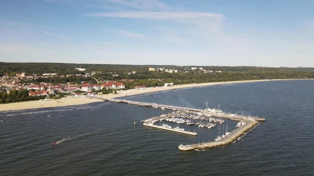 View from the drone on the pier in Sopot on the Baltic Sea on a sunny,autumn day.