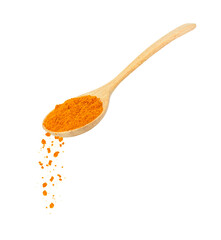 Turmeric powder (Tumeric curcumin, Curcuma longa linn) in wooden spoon isolated on white background.