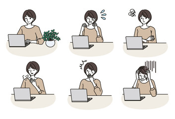 パソコンをする女性のセット