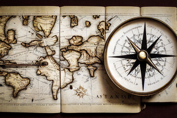 Fototapeta na wymiar Large vintage and elegant compass, set on a fancy old navy map, for friendly and historical atmosphere useful for design related to geography and its history