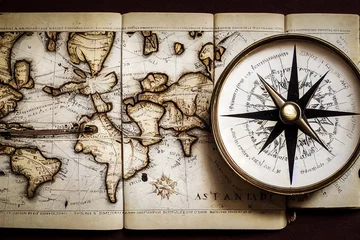 Fotobehang Large vintage and elegant compass, set on a fancy old navy map, for friendly and historical atmosphere useful for design related to geography and its history © XaMaps