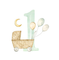 Watercolor illustration card with number 1, baby stroller, moon, balloons. Isolated on white background. Hand drawn clipart. Perfect for card, postcard, tags, invitation, printing, wrapping.