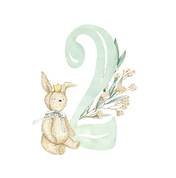 Watercolor illustration card with number 2, bunny, flowers, branches. Isolated on white background. Hand drawn clipart. Perfect for card, postcard, tags, invitation, printing, wrapping.