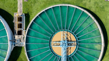 Aerial top view wastewate water treatment plant, Purification tanks of wastewater treatment plant,...