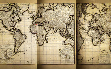 Fototapeta na wymiar Drawing inspired by several maps of the world, for vintage background on history and geography, giving timelessness to the world
