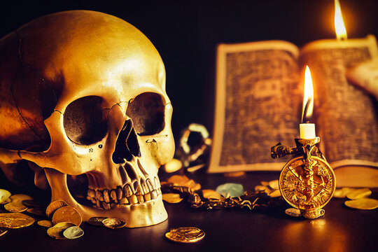 Gloomy Human Skull On A Satanist Pirate Table, With Gold Coin, Candle And Old Book