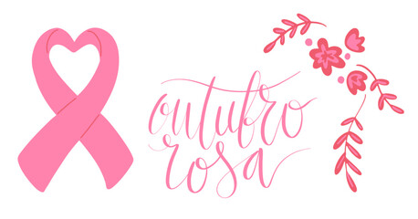 Outubro Rosa - October Pink in portuguese language. Brazil Breast Cancer Awareness campaign web banner. Handwritten lettering.