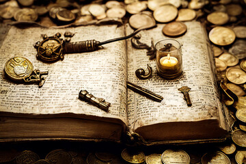 Vintage and antique background, history and bibliophily style, representing an antique book opened with gold coins