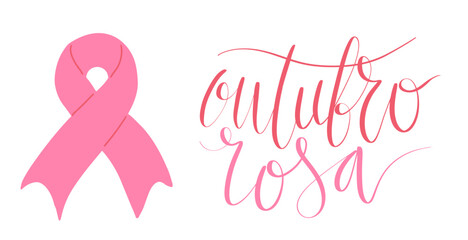Outubro Rosa - October Pink in portuguese language. Brazil Breast Cancer Awareness campaign web banner. Handwritten lettering.
