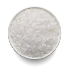 Coarse sea salt in white bowl isolated on white. Top view.