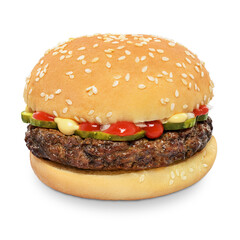 Fresh tasty classic burger isolated on white background.