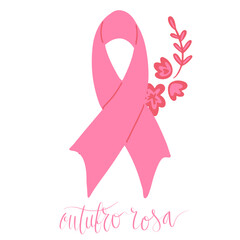 Outubro Rosa - October Pink in portuguese language. Brazil Breast Cancer Awareness campaign web banner. Handwritten lettering.