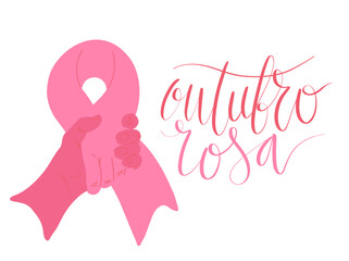 Outubro Rosa - October Pink in portuguese language. Brazil Breast Cancer Awareness campaign web banner. Handwritten lettering.