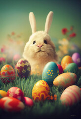 Fototapeta na wymiar Vertical Easter Bunny in Field with Easter Eggs Card Social Media Background