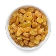 Sultanas raisin in white bowl isolated on white. Top view.