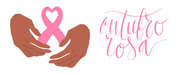 Outubro Rosa - October Pink in portuguese language. Brazil Breast Cancer Awareness campaign web banner. Handwritten lettering.