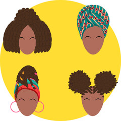 set of cartoon faces and hair afro style