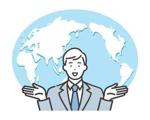 ビジネスのグローバル化　両手を広げてアピールする若いビジネスマン