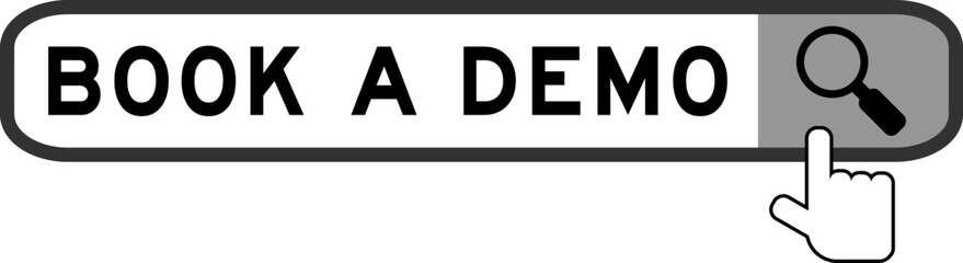 Search banner in word book a demo with hand over magnifier icon on white background