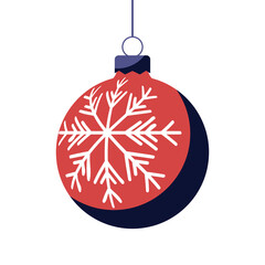 Red Christmas ball with holiday ornament. Vector illustration in flat design. 2023 toy for christmas tree.