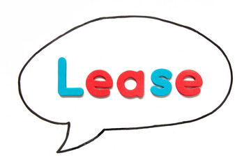Alphabet letter with word lease in black line hand drawing as bubble speech on white board background