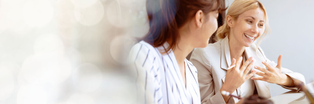 Web banner beautiful business woman working in company office with cheerfulness with copy space on left