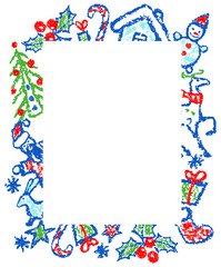Fototapeta na wymiar Crayon hand drawing Chrismas cartoon blank, banner, frame, background. Snowman, tree, deer, snow, santa, hut. Fun doodle simple vector flat cartoon style. Pastel chalk or pencil child painting