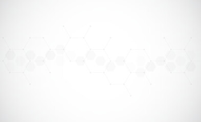 Hexagons pattern on gray background. Genetic research, molecular structure. Chemical engineering. Concept of innovation technology. Used for design healthcare, science and medicine background