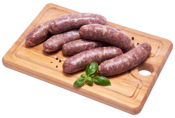 Raw beef or pork grill sausage on wooden cutting board isolated