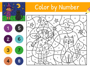 Halloween color by number game with cute witch and cat. Trick or treat girl in magician costume coloring page for kids. Printable worksheet with solution for school and preschool. Vector illustration