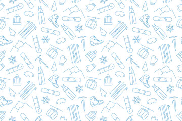Fototapeta premium seamless pattern with winter mountains sport related icons: skates, skis, cable car, sled, fir tree, snowflake, hiking boots, pickax, snowboard- vector illustration