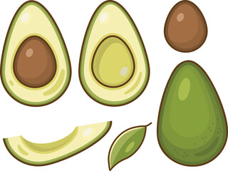 Avocado isolated set. Whole avocado, half of avocado, slice, seed and leaf.