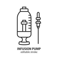 Infusion pump line icon. Medical device for intravenous continuous administration of medicines or nutrition. Injection outline vector sign. Editable stroke.