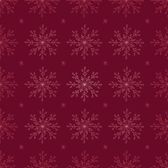 Naklejka na ściany i meble Christmas seamless pattern with doodle snowflakes on a red background.