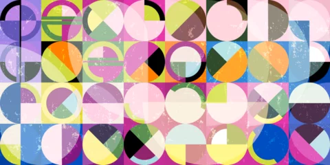 Foto auf Acrylglas colorful abstract geometric background pattern, retro style, with circles, semicircle, squares, paint strokes and splashes © Kirsten Hinte
