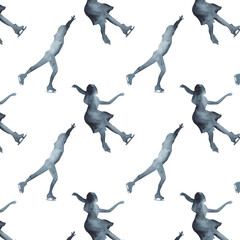 Girl figure skater gliding on ice print.Silhouette pattern.Winter sport.Watercolor pattern on a white background. © Makarova Art