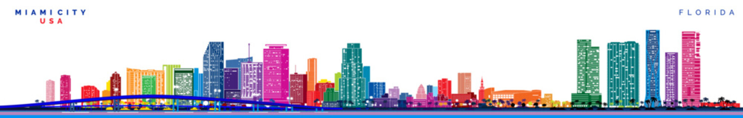 Miami city skyline rainbow silhouette vector illustration - obrazy, fototapety, plakaty