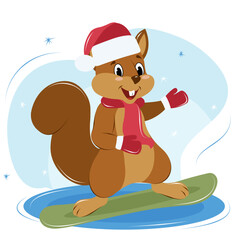 cute squirrel in a New Year's hat, scarf and mittens snowboarding, winter entertainment