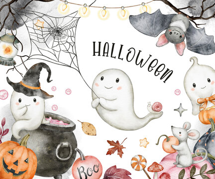 Watercolor cute halloween banner. Funny cartoon character. Party decoration. Cute autumn design. Watercolor baby ghost print background