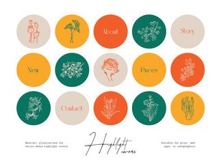 Set of hand drawn ink wildflower and botanical illustrations for social media highlight covers
