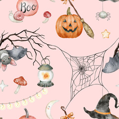 Obraz na płótnie Canvas Halloween seamless pattern on pink background. Watercolor hand drawn illustrations for kids. Cute cartoon elements, pumpkin, bat, witch hat. Background for wallpaper, wrapping, textile, card