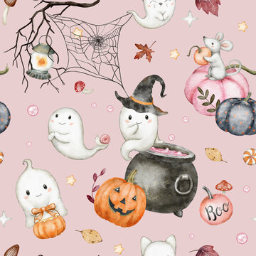 Cute halloween seamless pattern. Invitation card design. Pink background. Watercolor illustration. Cute ghost, pumpkin, fall leaf, spiderweb, stars, lantern, cauldron