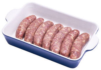 Raw beef or pork grill sausage in baking dish isolated