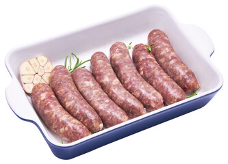 Raw beef or pork grill sausage in baking dish isolated