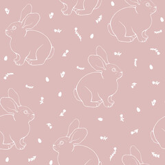Seamless vector pattern of drawn rabbits, eggs and flowers. Simple pink outline illustration. For fabric, wrapping paper, bedding, wallpaper.