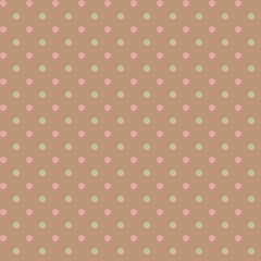 Pink green polka dot seamless pattern. Colorful dots on brown background. Modern vector illustration for cards, party invitation, packaging, surface design. 